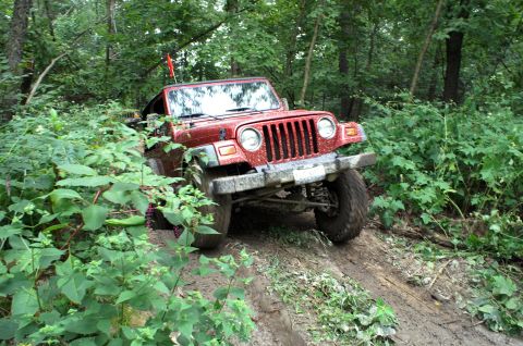 2006 Jeep Liberty - A red Jeep Wrangler navigates a muddy path surrounded by thick green foliage and trees.
