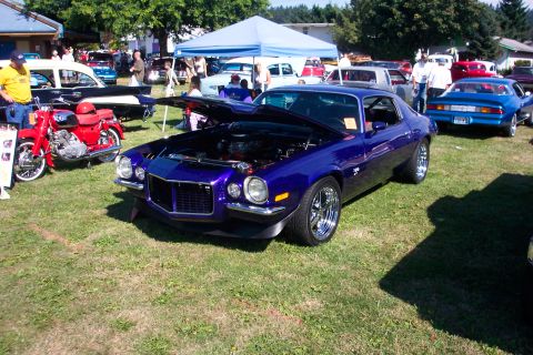 1970 Chevrolet Camaro - A purple 1970 Chevrolet Camaro is displayed with its hood open at a car show, alongside other vehicles.