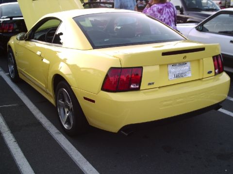 1989 Ford Mustang - A yellow Ford Mustang is parked in a lot, with its hood up and other vehicles nearby.