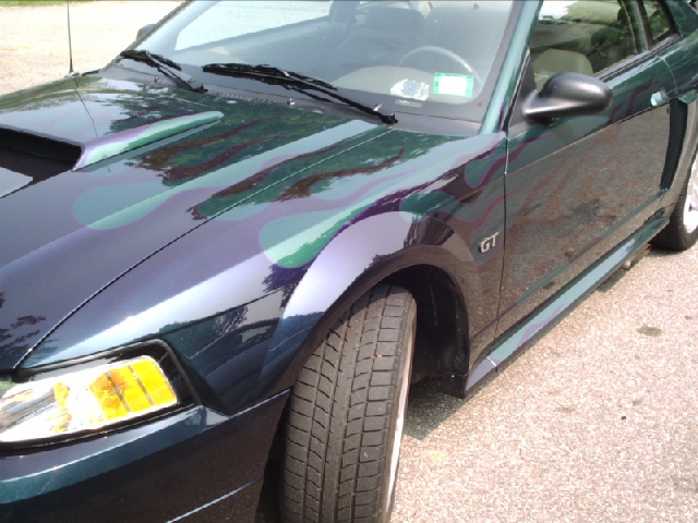 Dark green car with flame graphics, GT badge visible