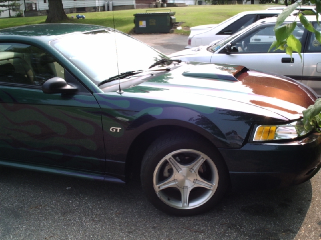 Dark green Mustang GT with custom flames on hood and fender, parked next to a white car