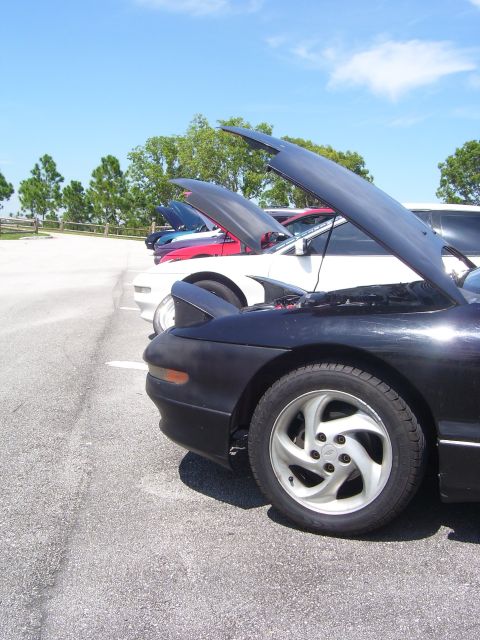 1994 Ford Probe - A line of cars, including a black 1994 Ford Probe, are parked with their hoods open on a sunny day.
