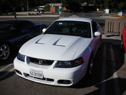 1998 Ford Crown Victoria - white Ford Mustang Cobra coupe with a vented cowl hood and cobra badge, parked in a lot with a California plate 5TZA708.