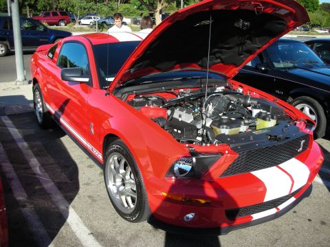 1998 Ford Crown Victoria - red Ford Shelby GT500-style coupe with white racing stripes sits hood-up in a sunny parking lot car show.