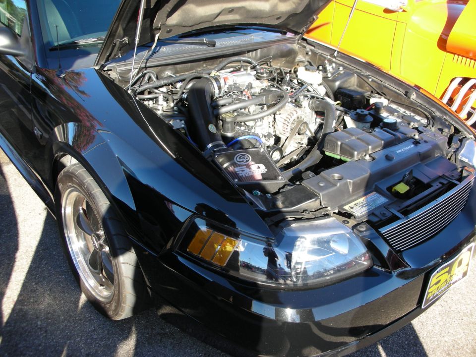 Black coupe with open hood showing engine bay and amber turn signal