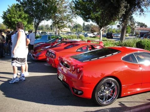 1998 Ford Crown Victoria - Several red Ferraris, including an F430, parked in a row under shade trees while a spectator looks on.