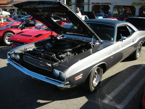 1998 Ford Crown Victoria - silver-and-black Dodge Challenger R/T muscle car sits hood-up at a street car show with classic cars behind.