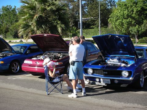 1998 Ford Crown Victoria - blue Chevrolet Camaro SS and a magenta sedan show their open hoods as spectators chat at a morning car show.