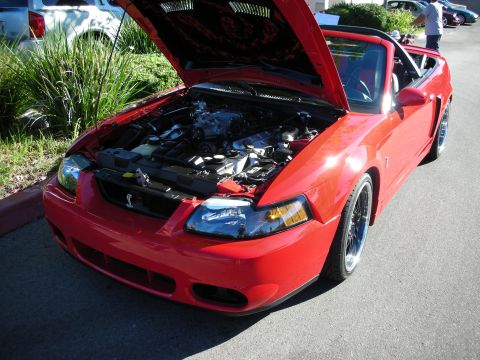1998 Ford Crown Victoria - red Ford Mustang Cobra convertible sits hood-up with a flame-airbrushed hood underside at an outdoor car show.