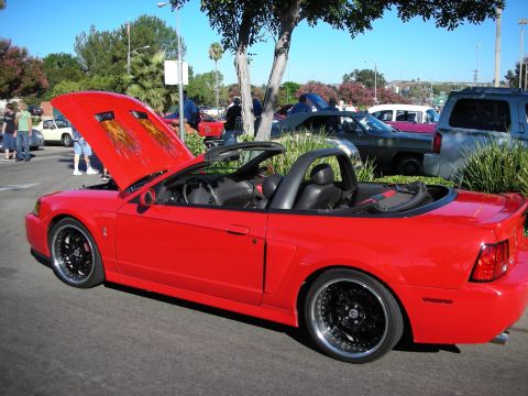 1998 Ford Crown Victoria - red Ford Mustang convertible with black wheels and flame-painted hood underside parked at a sunny car show.