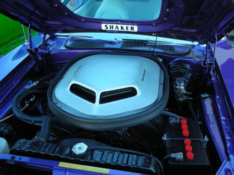 1998 Ford Crown Victoria - silver Shaker air-scoop sits atop the V8 of a purple muscle car, with red battery caps visible to the right.