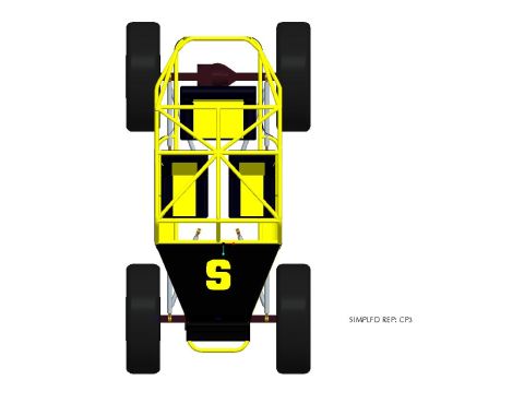 1966 Jeep CJ5 - Diagram of a yellow and black buggy with a roll cage and large tires, seen from the rear.