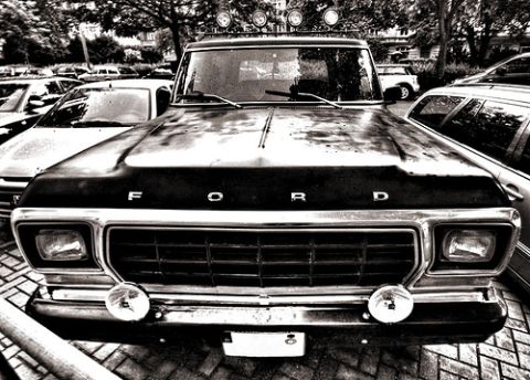 1979 Ford Bronco - Front view of a 1979 Ford Bronco, showing its grille and hood details.