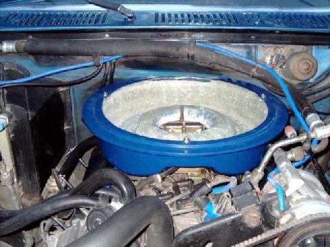 1984 Ford Bronco - Shaker base mounted to OEM Holley carb. Had to cut about 2" off rear edge of top ring to clear firewall