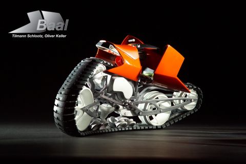 1979 Ford Bronco - A futuristic Baal concept motorcycle with tank treads is shown against a black background.