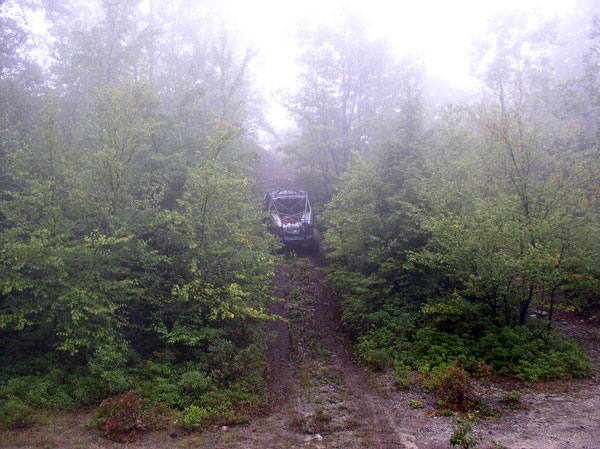 off-road vehicle driving up a muddy, tree-lined trail in the fog