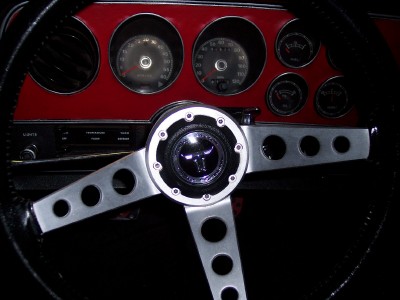 1972 Ford Ranchero - Interior view of a 1972 Ford Ranchero, a custom steering wheel and dashboard gauges.