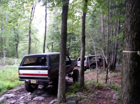 1988 Ford Bronco - Two SUVs navigate a challenging trail through a dense forest.
