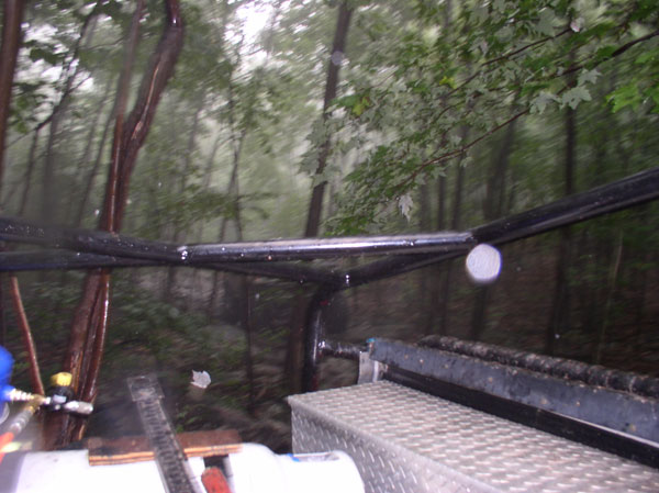View from inside a vehicle with roll cage, driving through a wet forest