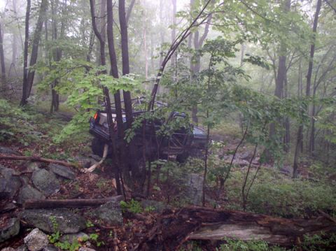 1988 Ford Bronco - A vehicle is stuck between trees on a steep, rocky trail in a foggy forest.