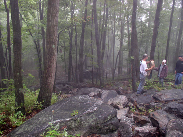 People in a rocky forest with fog