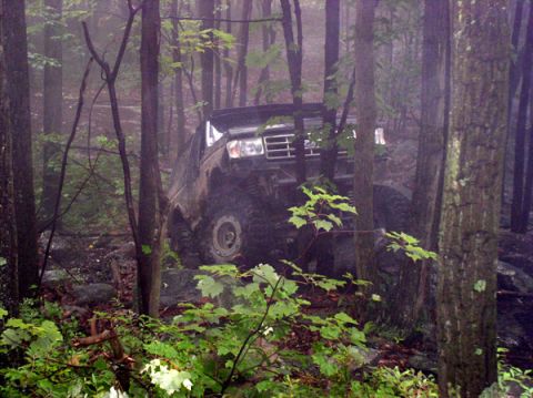 1988 Ford Bronco - An off-road vehicle is shown on a trail surrounded by trees and fog.