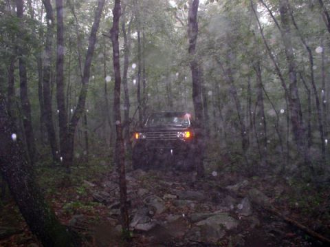 1988 Ford Bronco - A black SUV navigates a challenging, rocky path through a dense forest on a rainy day.