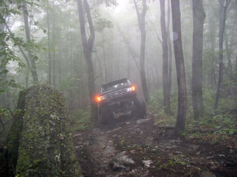 1988 Ford Bronco - A Ford Bronco navigates a challenging off-road path amidst a dense, misty woodland.