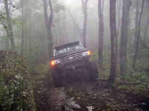 1988 Ford Bronco - A black Ford Bronco navigates a rocky, wooded path on a misty day.