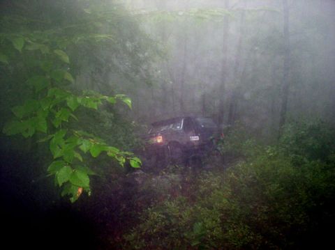 1988 Ford Bronco - Ford Bronco appears stuck off-road in a foggy, wooded area.