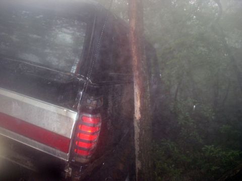 1988 Ford Bronco - This black SUV, likely a 1987 model, is partially obscured by fog and wedged between two trees.