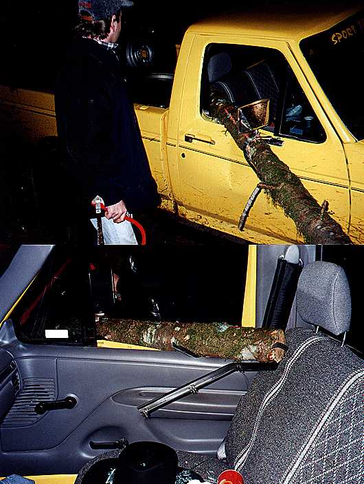 Yellow pickup truck speared through the door by a fallen tree trunk at night