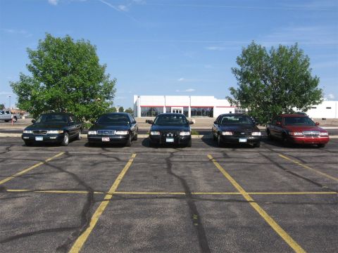 1999 Ford Crown Victoria - Several Ford Crown Victorias, including police interceptor models, are lined up in a parking lot under a clear blue sky.