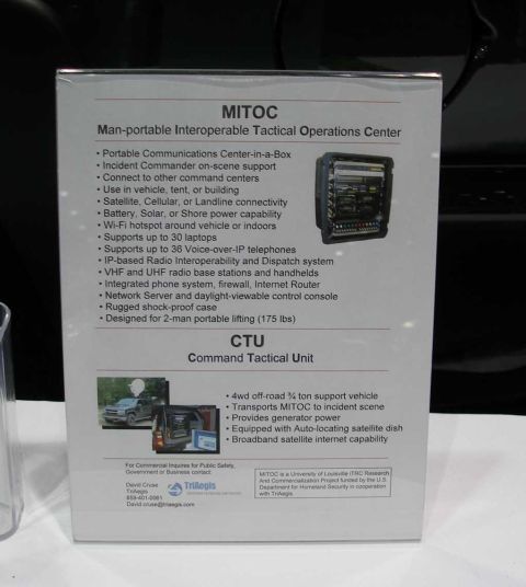 1998 Ford Crown Victoria - An informational display placard for the MITOC (Man-portable Interoperable Tactical Operations Center) and CTU (Command Tactical Unit), the…