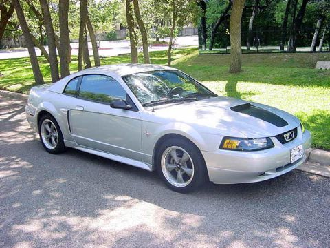 1999 Ford Mustang - A silver 1999 Ford Mustang coupe with black hood stripes is parked on an asphalt surface near a grassy area with trees.