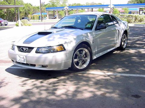 1999 Ford Mustang - A silver 1999 Ford Mustang is parked in a lot, with trees casting shadows on the ground.