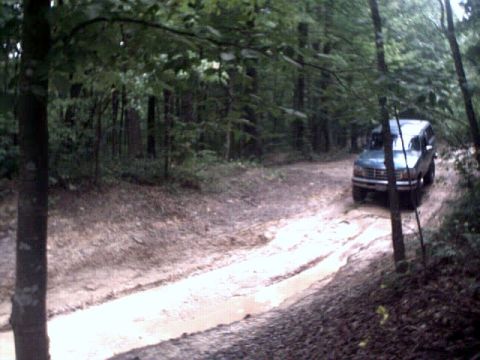 1996 Ford Bronco - A Ford Bronco navigates a wet, wooded trail.