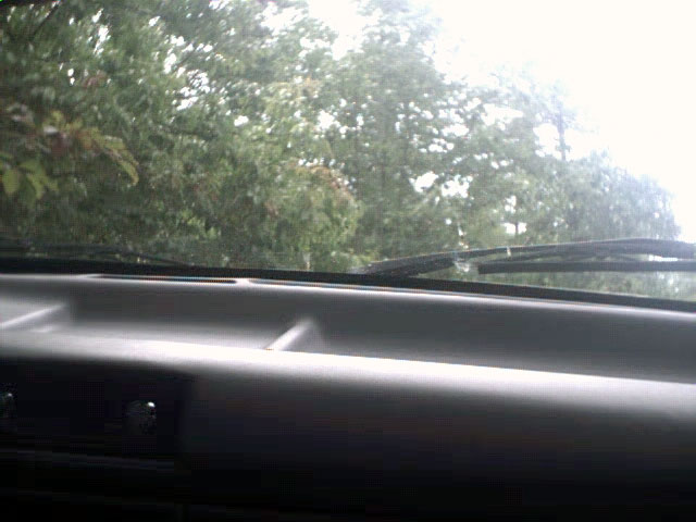 Looking out the windshield from inside a vehicle, showing the dashboard and trees outside