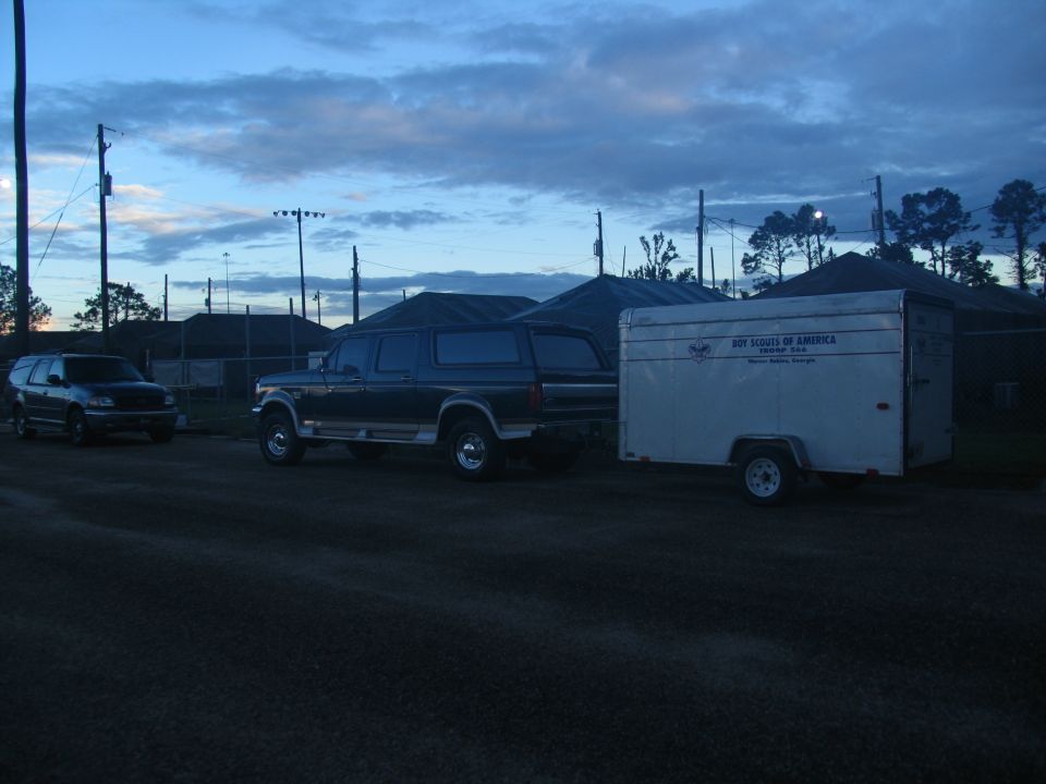1992 Ford F-Series truck towing a white trailer with 'Boy Scouts of America' text