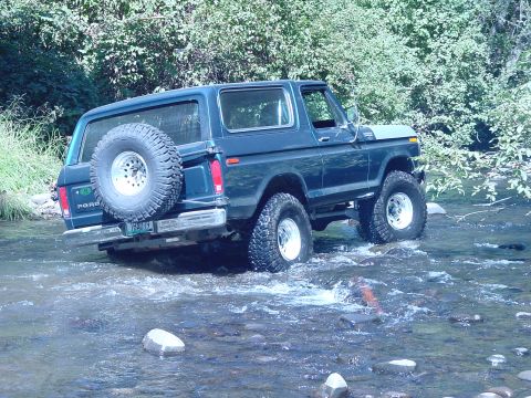 1979 Ford Bronco - This 1979 Ford Bronco is navigating a rocky stream bed surrounded by lush green foliage.