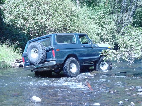 1979 Ford Bronco - A dark blue 1978 Ford Bronco navigates a rocky stream bed surrounded by lush green foliage.