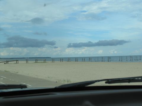1995 Ford C-350 (Centurion Conversions) - A view of the beach and ocean from inside a vehicle.
