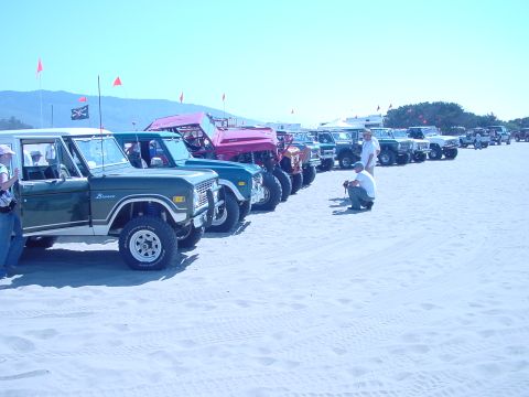 1979 Ford Bronco - A group of off-road vehicles are lined up on a sandy beach under a clear blue sky.