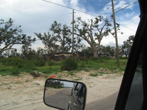 1995 Ford C-350 (Centurion Conversions) - A damaged building and trees are visible in the distance, seen from inside a vehicle.