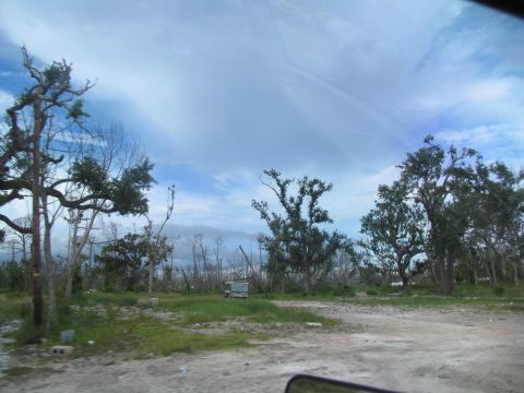 1995 Ford C-350 (Centurion Conversions) - A small trailer is visible in a desolate landscape with damaged trees and scattered debris.