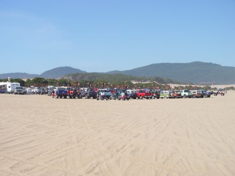 1979 Ford Bronco - A large group of vehicles are parked on a sandy terrain under a clear blue sky.