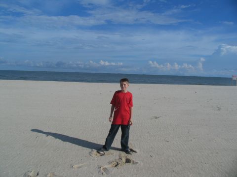 1995 Ford C-350 (Centurion Conversions) - Boy stands on a sandy beach, casting a long shadow under a partly cloudy sky.