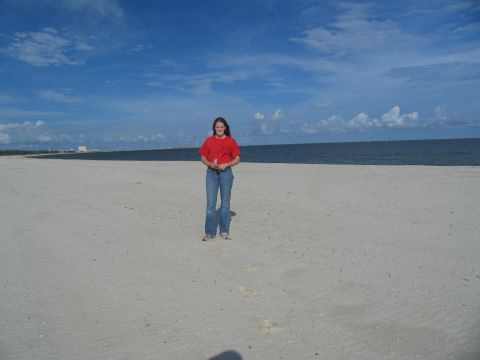 1995 Ford C-350 (Centurion Conversions) - A woman stands on a wide, sandy beach under a blue sky with scattered clouds.