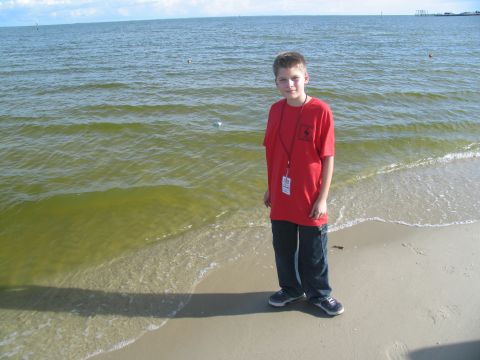 1995 Ford C-350 (Centurion Conversions) - A young boy stands on the shore of a body of water under a cloudy sky.