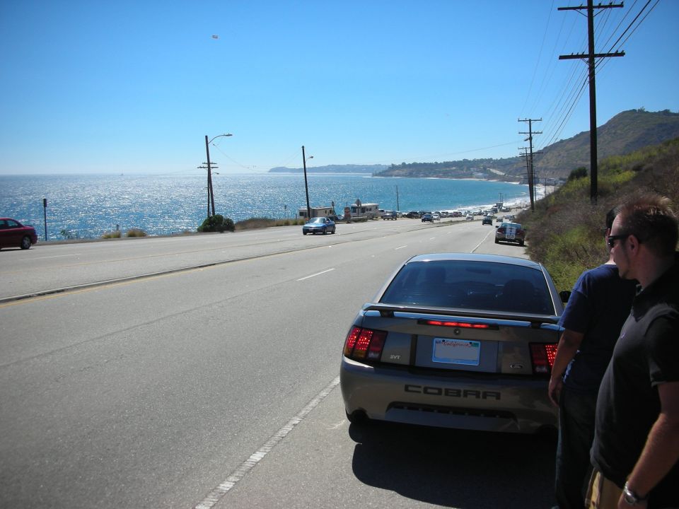 Rear of a tan Cobra Mustang parked along a coastal highway by the ocean